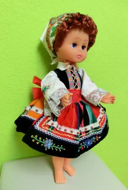 Alte Puppe 49cm Trachten Polen Folklore 1985 Stickerei Perlen Kleid Schürze