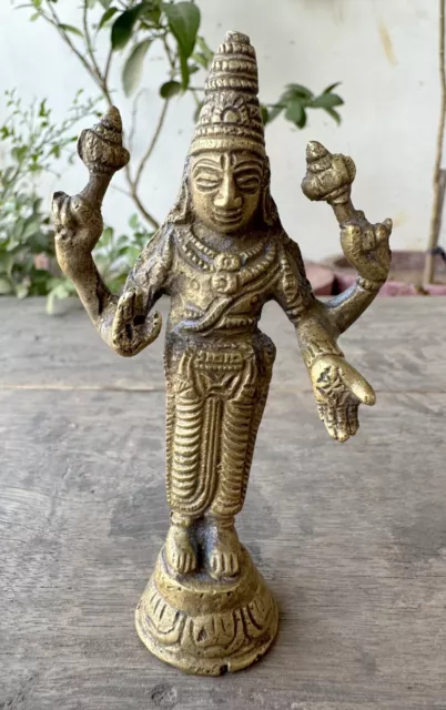 Vintage Old Indian Hand Crafted Brass Hindu Lord Vishnu Worship Deity Statue