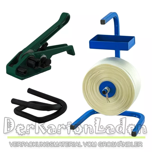 19 mm Textil gewebt HD Umreifung Set Umreifungsband Abroller Bandspanner Klemmen