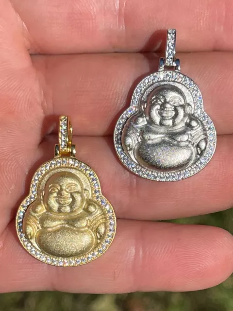Real 925 Silver Gold Plated Hip Hop Buddha Pendant Mens Ladies CZ Iced Necklace
