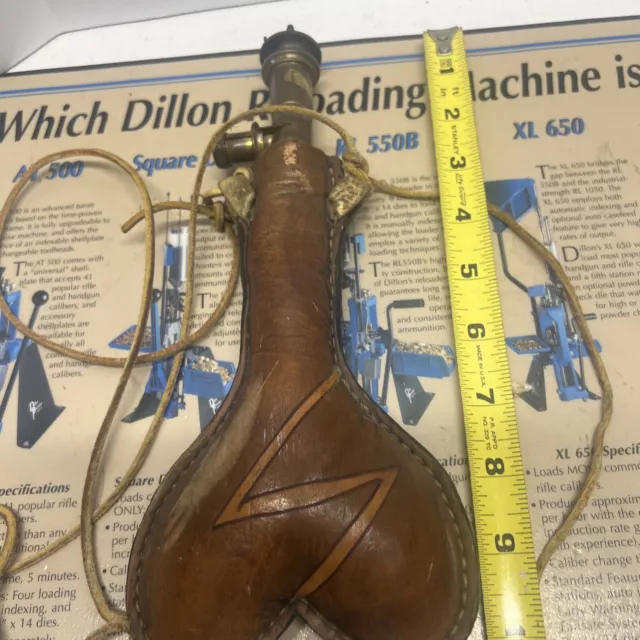 Antique Leather Powder /Shot Flask Custom Leather Brass Measure Bone Shape Empty 3