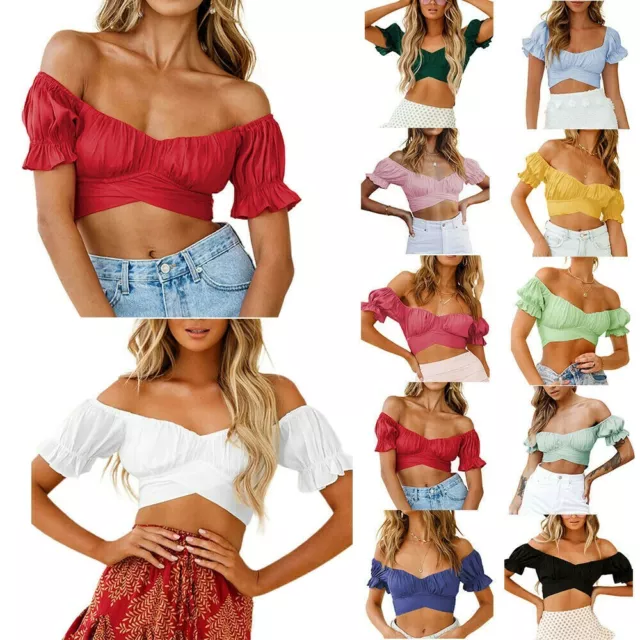 Women's Sexy Off Shoulder Short Sleeve Cropped Top Summer Beach Holiday Shirts