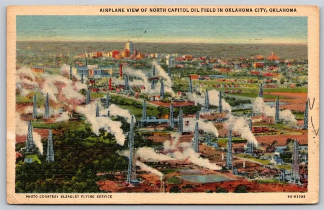 Postcard Airplane View of North Capitol Oil Field in Oklahoma City linen L180