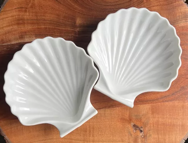 Set of 2 Vintage Ceramic Scalloped Seashell Dish Bowls, Japan Oven Proof 6.5”