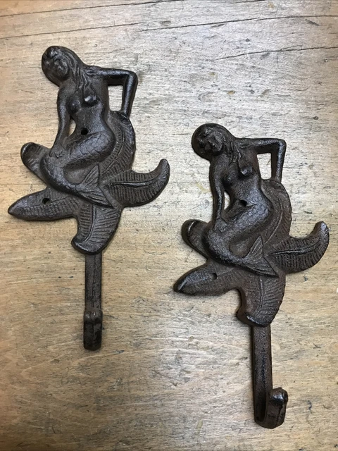 2 Cast Iron Antique Style Rustic Mermaid Sea Coat Hooks Hat Hook Rack Towel 378