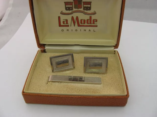 Very Nice Vintage Mens Jewelry Set Tie Bar Clip & Cufflinks ~ Classic Design ~