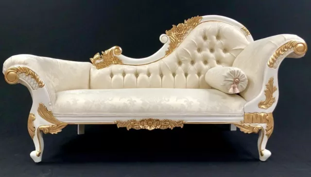Stunning Ornate Chaise Sofa WHITE  & gold frame & IVORY CREAM DAMASK TYPE FABRIC