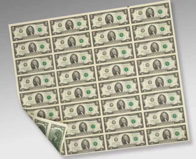 $2 Dollar Bills Uncut Sheet of 32 Notes federal reserve, mint role, real collect