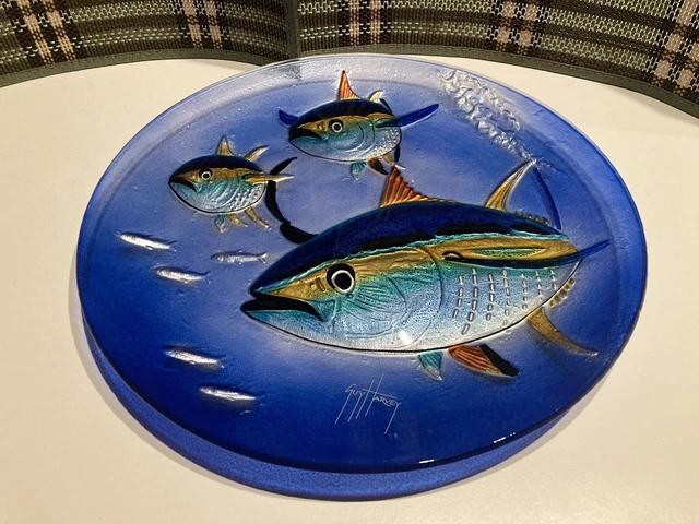 Guy Harvey Decorative 15" Round Glass Tray- Raised Fish Blue Green & Gold Design