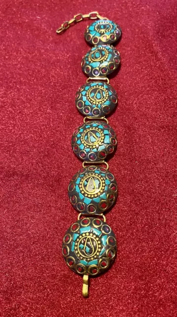 Vintage Tibetan Turquoise/Red Coral/Brass Bracelet