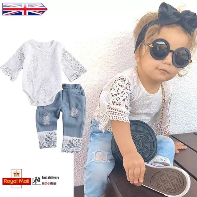 Infant Baby Girl Lace Long Sleeve Clothes Romper Bodysuit Denim Pants Outfits