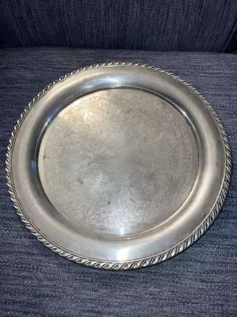 ONEIDA USA Silver Plated Ornate Design 15" Round Serving Tray Platter Pre-Owned