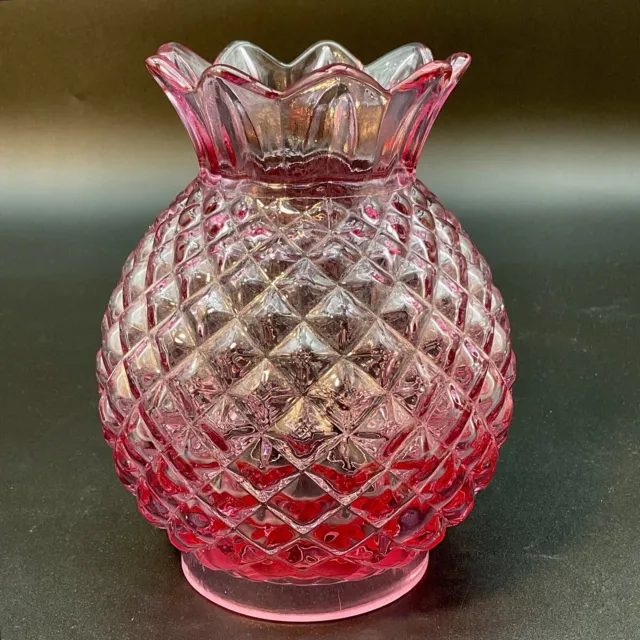 Fenton?  Rare Diamond Pineapple Hurricane Lamp Shade Cranberry Pink Vgc 6 1/4” T