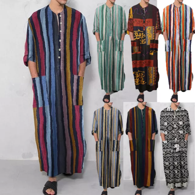 Cotton Linen Men's Sleep Robes Long Sleeve Nightgown Neck Leisure Mens Bathrobes