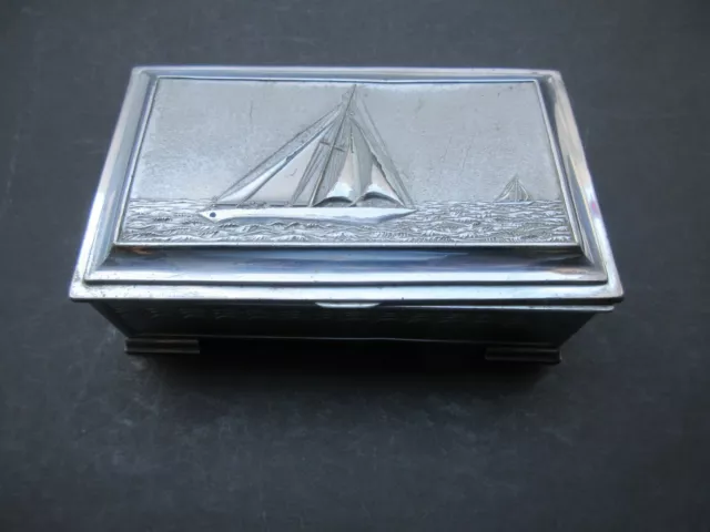 Vintage wood lined silver metal decorative sail boat cigarette trinket box