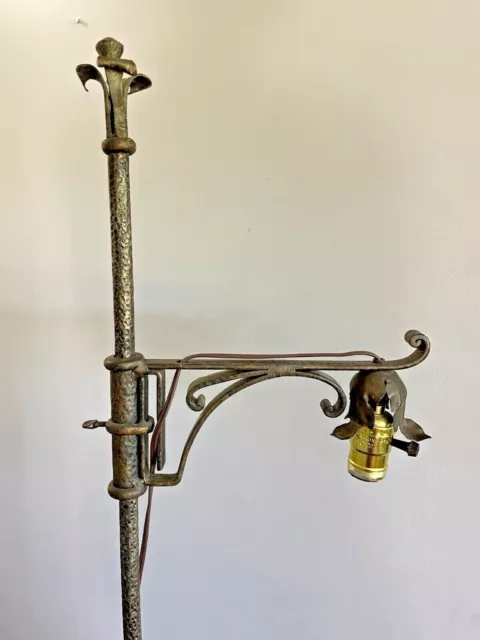 Antique Mission Arts & Crafts Hammered Hand Wrought Bridge Arm Flower Floor Lamp