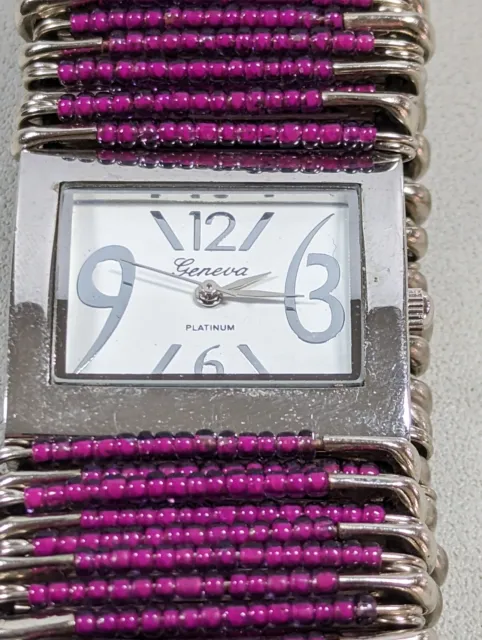Geneva White Dial Silvertone Rectangle Case Purple Safety Pin Stretch Band Watch