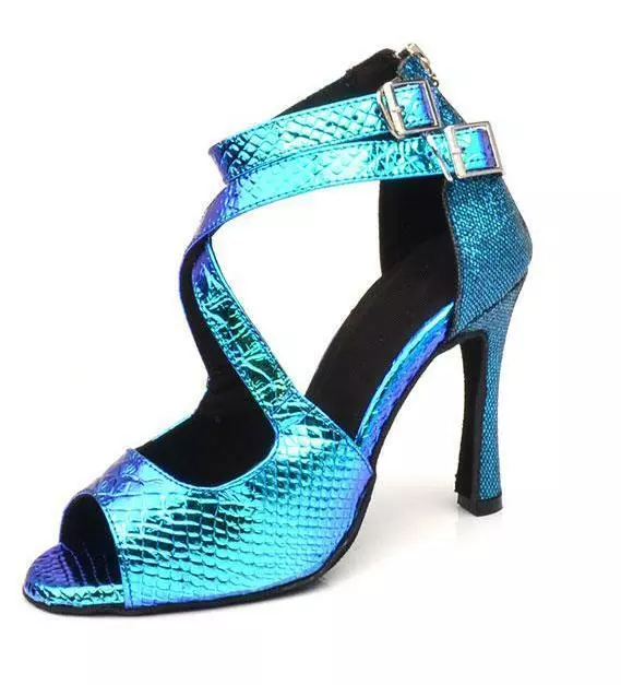 Scarpe da ballo latino donna sandali aperti blu lucido vernice fascia caviglia