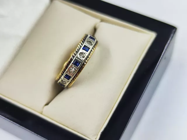 9 Karat goldener Ring & blauer Saphir und Diamant Größe J gestempelt schön