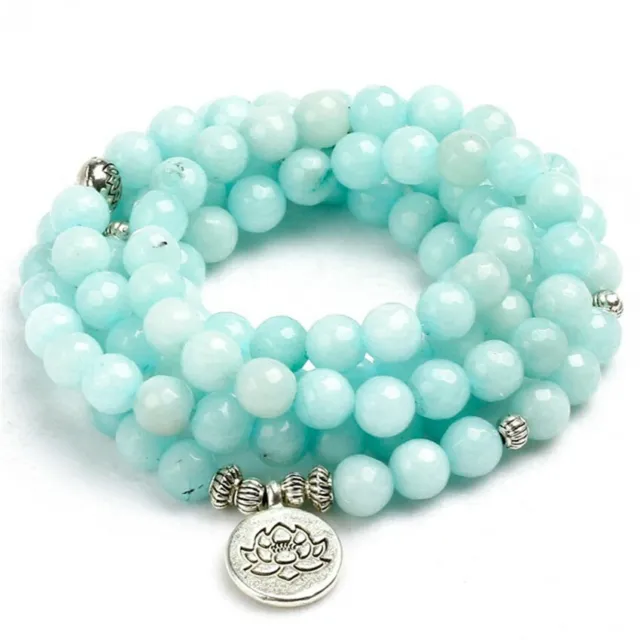 8mm blue chalcedony 108 beads Mala bracelet lotus Buddha pendant Hot Energy