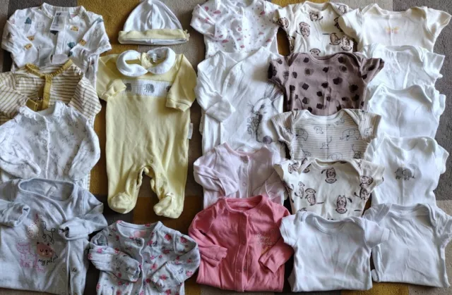 Baby Girls NEWBORN Bundle 10 Sleepsuits, 10 Vests & Hat Excellent Condition