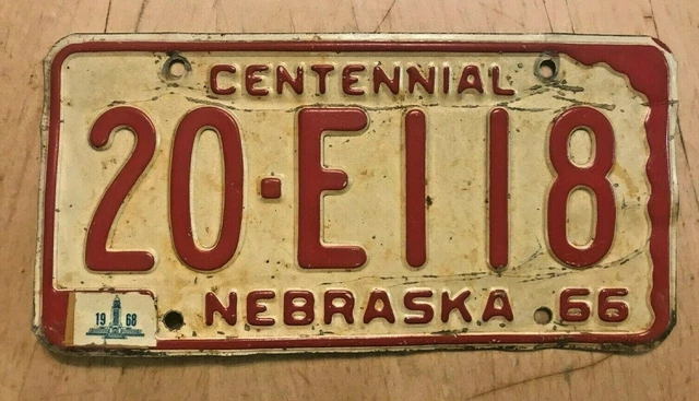 1966 1968  Nebraska Centennial  Passenger Auto License Plate " 20 E 118 " Ne 66