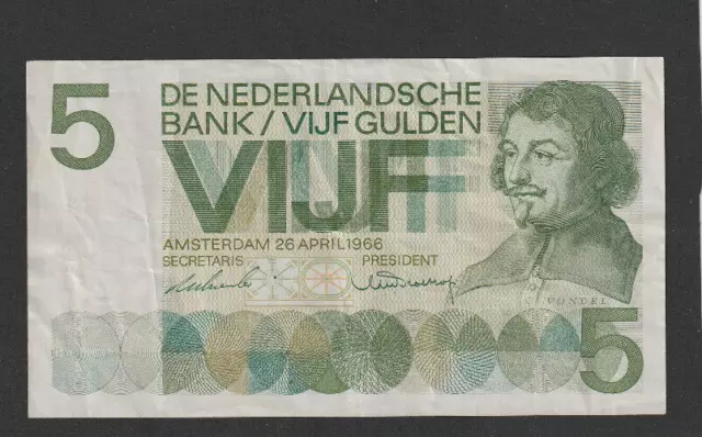 NETHERLANDS - HOLLAND - 5 Gulden Banknote 1966 - 1st VONDEL type  GVF  LOOK!!