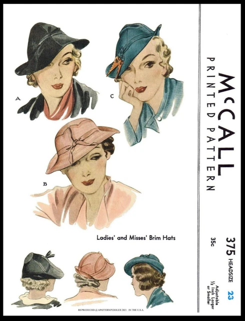 McCall # 375 Stunning BRIMMED Hats Cap Fabric Sewing PATTERN Vintage 1930's 23"