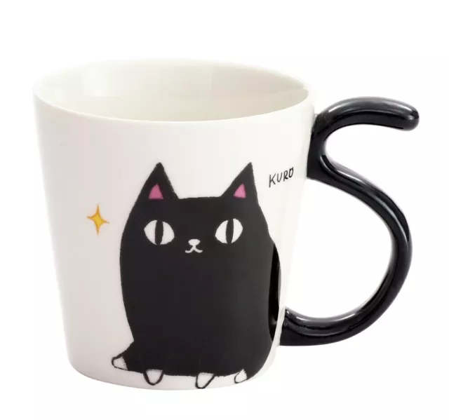 3 Cat Brothers Japan Kuro Neko Sankyodai Cat Tail Handle Ceramic Mug Cup Box NEW