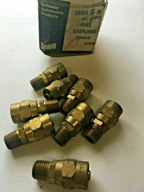 8 Schrader Brass Hose Repair Couplings, NOS #3696A - Free Shipping - M36