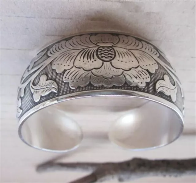 Tibetan Tibet Silver Peony Carved Bangle Cuff Fashion Bracelet Jewelry