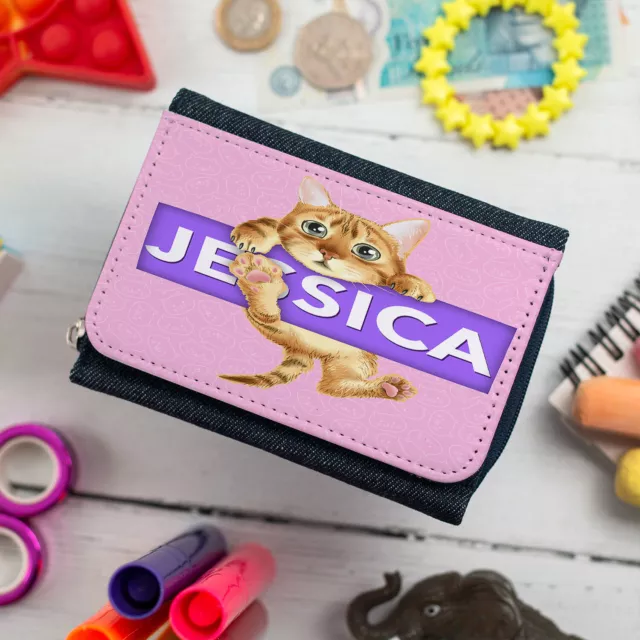 Personalised Girls Purse Kitten Denim Coin Wallet Birthday Cat Cute Gift KS241