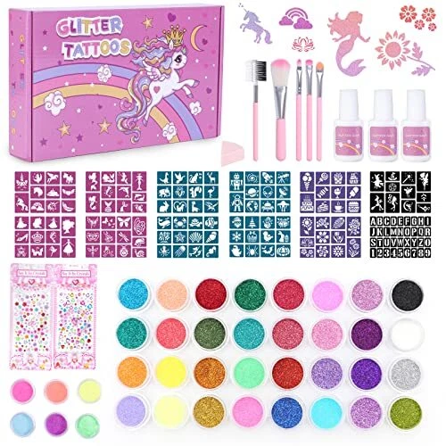 Highttoy Kit Tatouage Paillettes, 38 Couleurs Tatouage Éphémère Lumineux Licorne