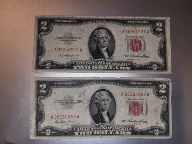 2 Old X $2 Bills Notes Red