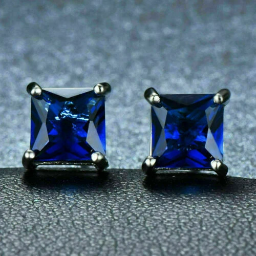 7mm Simulated Blue Sapphire 14K Yellow Gold Plated Womens Earring Gem Studs