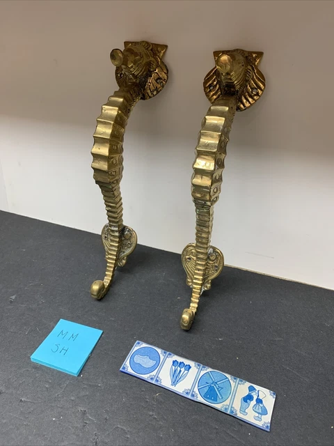 Set SEAHORSE solid brass door NATURAL old style house PULL handle 10"