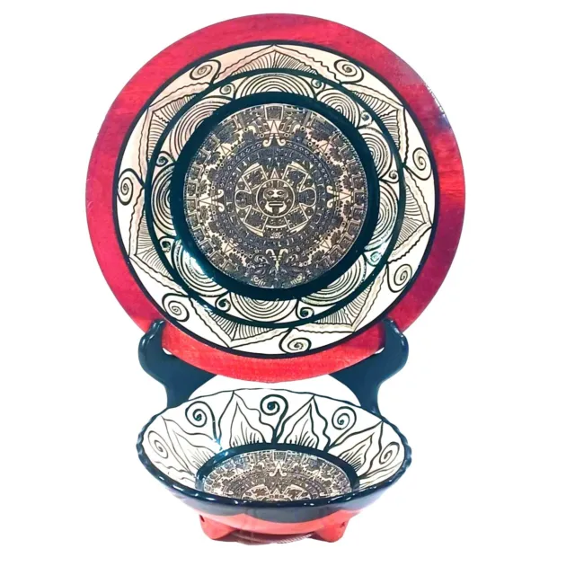 Mexican Folk Art Mayan Calendar Handpainted Black White Turned Wood Pottery Bowl