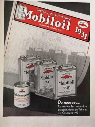 Publicité Automobile - MOBILOIL - Tableau graissage 1931 - Huile moteur - 814