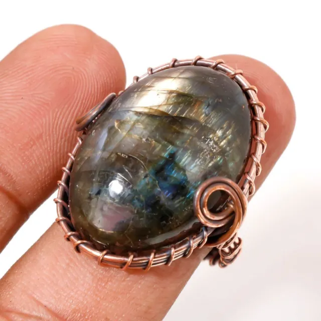 Labradorite Gemstone Wire Wrapped Handcrafted Jewelry Copper Ring 9.75" PA 12