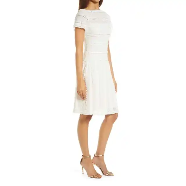 Sho By Tadashi Shoji Women White Pucker Lace Drop Waist Cocktail Dress size L