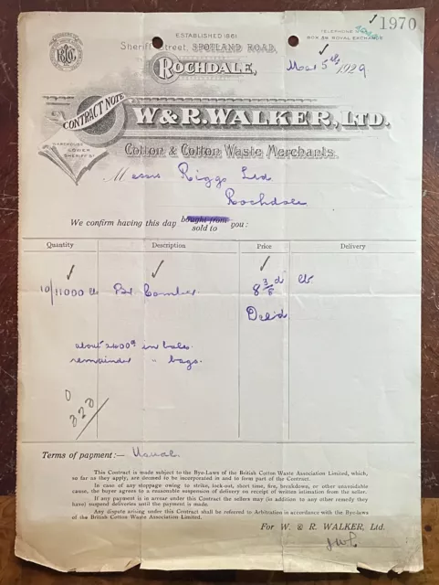 1929 W & R Walker Ltd, Cotton Waste Merchants, Spotland Road, Rochdale Invoice