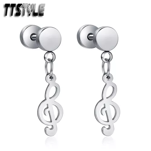 TTstyle Surgical Steel Music Note Dangle Earrings Silver/Black A Pair NEW