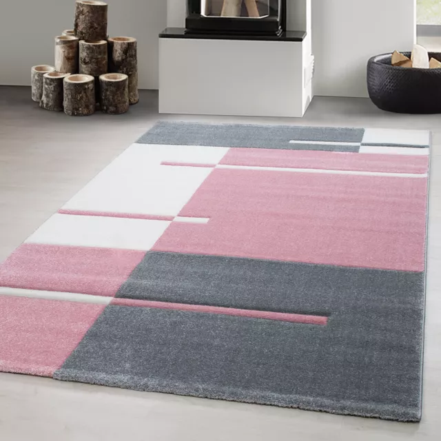 Wohnzimmer Teppich, Kariert design, Rosa - Grau - Weiß, Modern Konturenschnitt