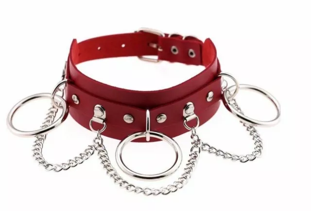Collier soumise/esclave en "cuir" vegan rouge avec anneaux et chaîne