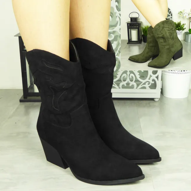 Ankle Cowboy Boots Shoes Ladies Pull On Heel Western Faux Suede Calf Womens Size