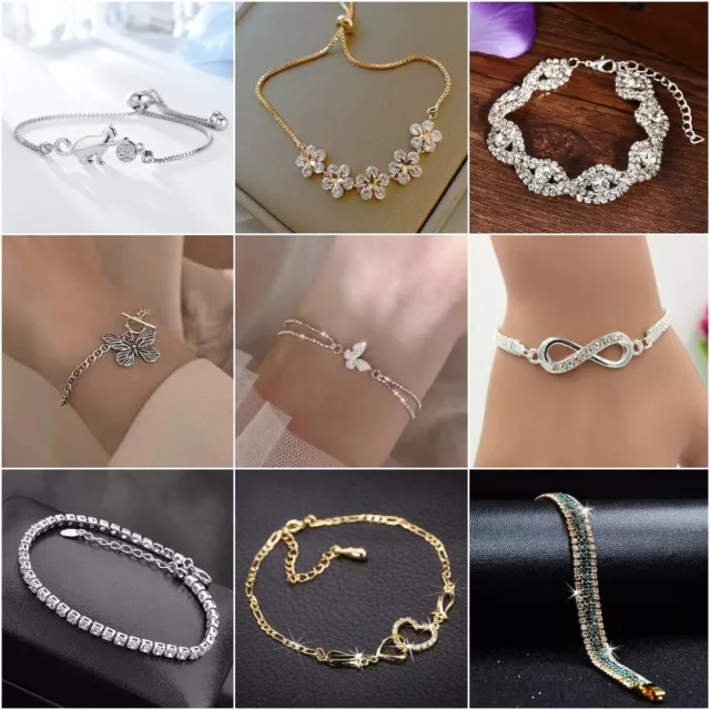 925 Silver Gold Women Zircon Crystal Cuff Bracelet Bangle Chain Wedding Jewelry