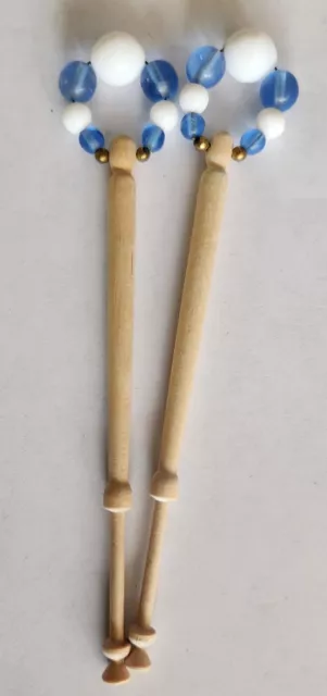 Set of 2 Carved Wood Spangled Lace Bobbins with Glass Beads