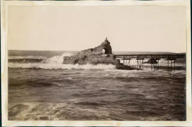 France, Biarritz. Rocher de la Vierge, ca. 1875  Vintage albumen print.Déchiru