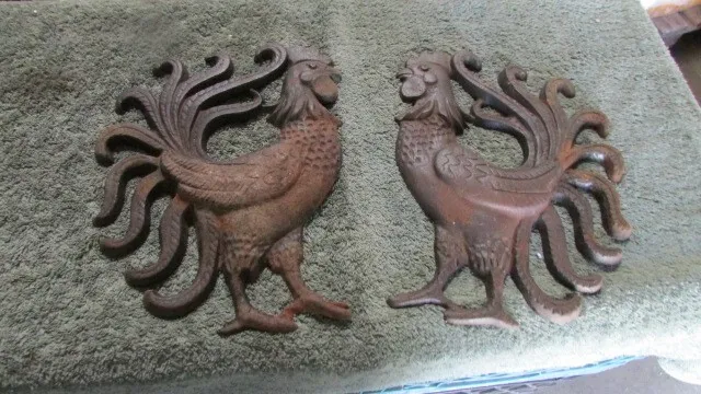 Pair of Vintage Cast Iron Roosters Wall Art W-58/16