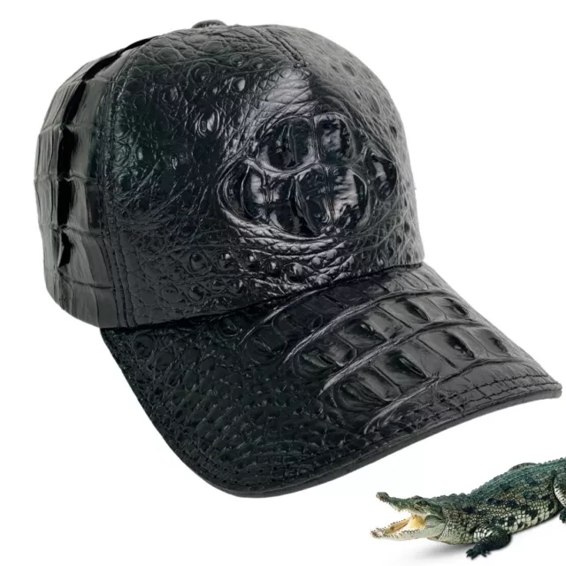 Black Crocodile Leather Baseball Cap Adjustable Real Skin Trucker Hat For Men